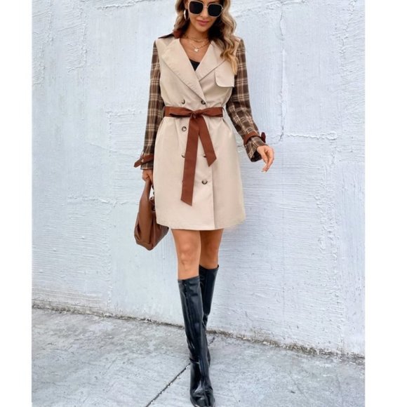 Plaid Print Double Breasted button Belted Trench Coat Jacket - Picture 5 of 6